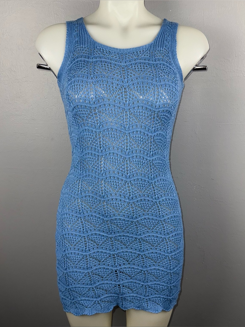 Tahari Dress Swim Coverup Women’s XS Blue Crotchet Mini Open Knit Boho